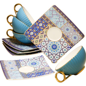 Чайный набор "Голубые купола" на 6 персон в подарочной упаковке. 455х455х185 мм. Чашки 230 мл. 6 шт., блюдца 150х150 мм. 6 шт. Материал: Премиальный фарфор, золотая деколь, природные краски на минеральной основе.