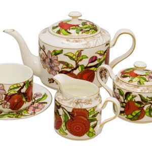 Чайный сервиз "Яблоко" на 6 персон в подарочной упаковке. 455х455х185 мм. Заварочный чайник 1 шт., молочник 1 шт., сахарница 1 шт., чашки 6 шт., блюдца 6 шт. Материал Премиальный фарфор, золотая деколь, природные краски на минеральной основе. Цветовые варианты: красный, желтый, зеленый.