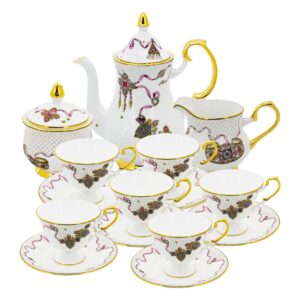 Чайный сервиз "Украшения" на 6 персон в подарочной упаковке. Заварочный чайник 1 шт., молочник 1 шт., сахарница 1 шт., чашки 6 шт., блюдца 6 шт. Материал Костяной премиальный фарфор, золотая деколь.