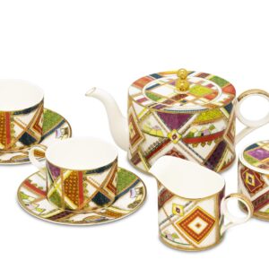 Чайный сервиз "Лоскутки" на 6 персон в подарочной упаковке. 455х455х185 мм. Заварочный чайник 1 шт., молочник 1 шт., сахарница 1 шт., чашки 6 шт., блюдца 6 шт. Материал Премиальный фарфор, золотая деколь, природные краски на минеральной основе.
