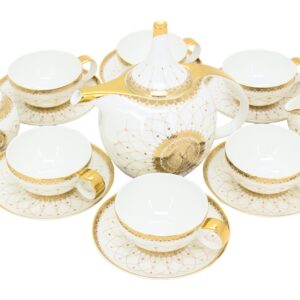 Чайный сервиз "Сияние" на 6 персон в подарочной упаковке. Заварочный чайник 1 шт., молочник 1 шт., сахарница 1 шт., чашки 6 шт., блюдца 6 шт. Материал Костяной премиальный фарфор, золотая деколь.