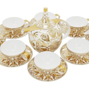 Чайный сервиз "Султан" на 6 персон в подарочной упаковке. Заварочный чайник 1 шт., молочник 1 шт., сахарница 1 шт., чашки 6 шт., блюдца 6 шт. Материал Костяной премиальный фарфор, золотая деколь.