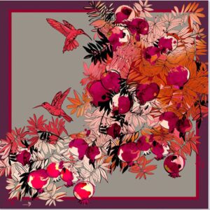 Платок "Гранатовый сад" цвет красный, размер 90х90 см., материал: 100% шелк.