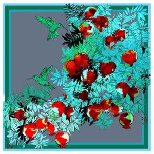 Платок "Гранатовый сад" цвет зеленый, размер 90х90 см., материал: 100% шелк.