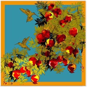 Платок "Гранатовый сад" цвет оранжевый. Размер 90х90 см., материал: 100% шелк.