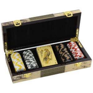 Набор для покера "Royal Flush" в бежевом кейсе. Материал МДФ, фишки, игральные карты, подарочная упаковка из картона. Размер: 280х120х55 мм.
