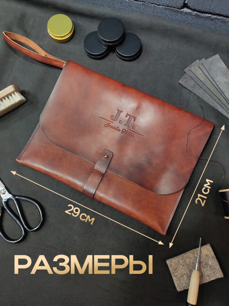 Папка-конверт кожаная для документов А4 цвет коньяк — фото 5