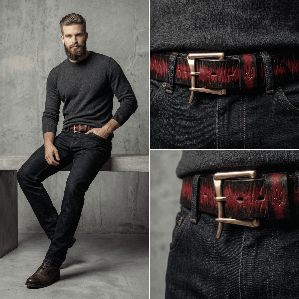 Ремень «Бальдр» красный из натуральной кожи с квадратной пряжкой (латунь) — фото 3