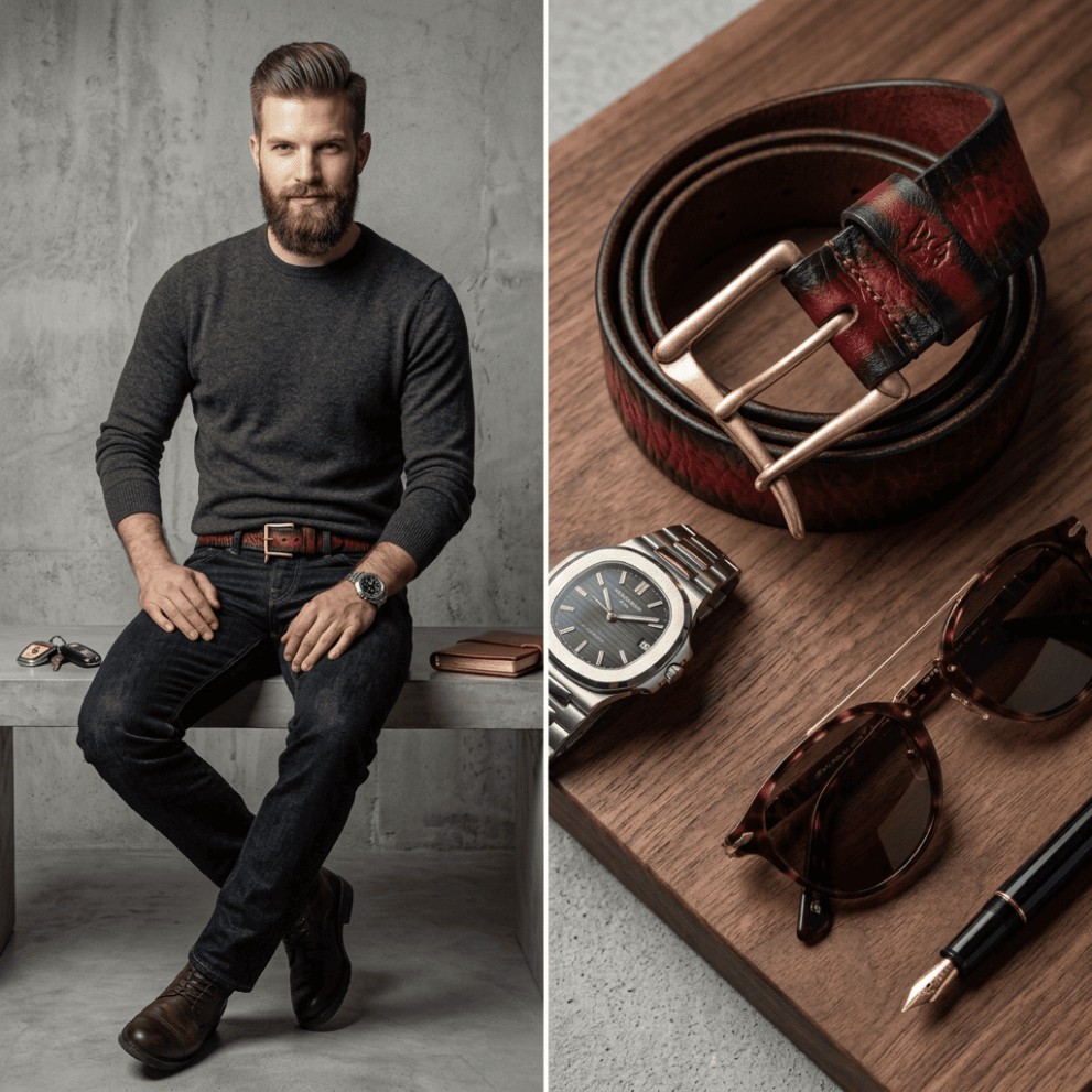 Ремень «Бальдр» красный из натуральной кожи с квадратной пряжкой (латунь) — фото 5