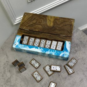 Домино PREMIUM из эпоксидной смолы и дерева с шкатулкой "ВОЛНА"